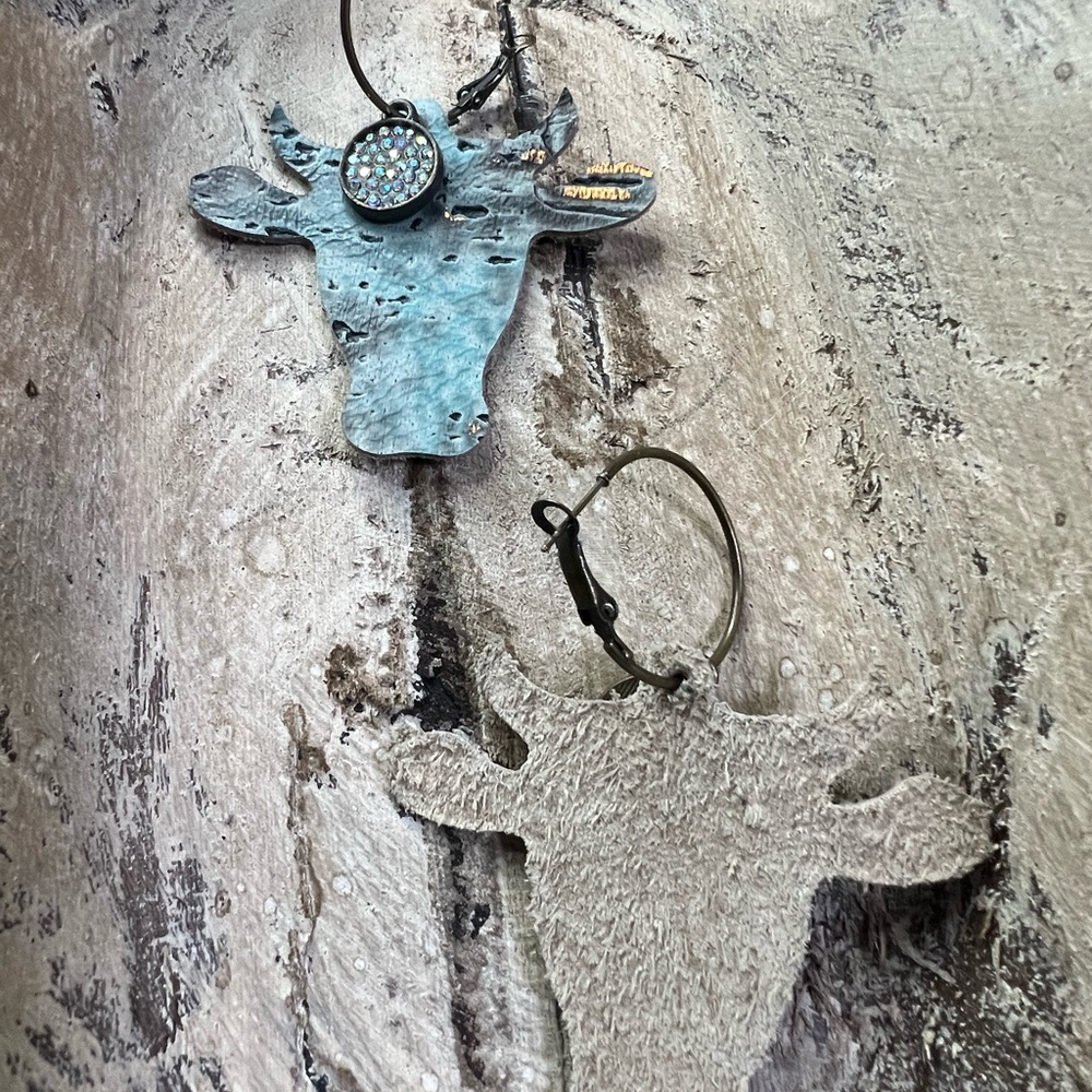 Rustic Western‎ Steer Dangle Earrings | Handmade Boho Cowgirl Blue Hook | NEW - Picture 4 of 5
